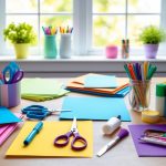 A table with various craft supplies neatly organized, including colorful paper, scissors, glue, markers, and paint brushes. A bright window lets in natural light, creating a cozy and inviting atmosphere for crafting