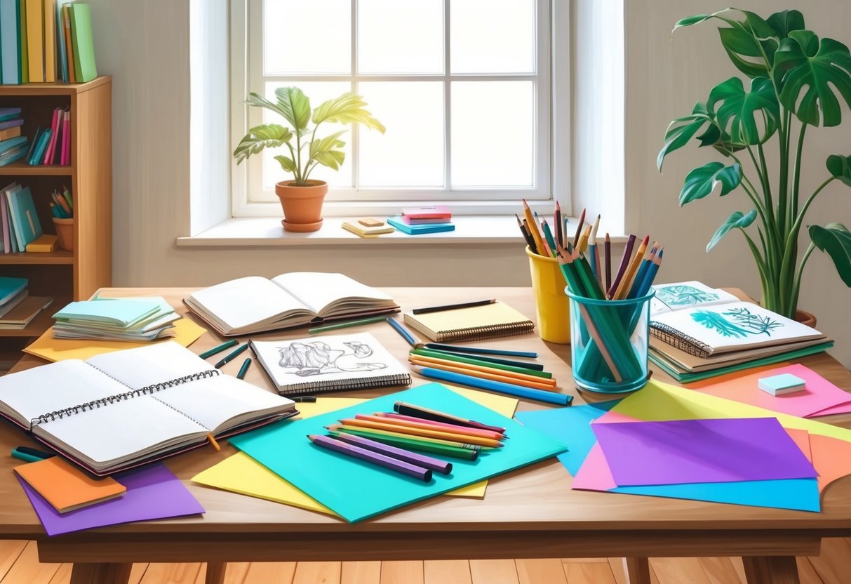 A cozy home workspace with a table covered in art supplies, including sketchbooks, pencils, markers, and colorful paper. A bright window lets in natural light, and a potted plant adds a touch of greenery