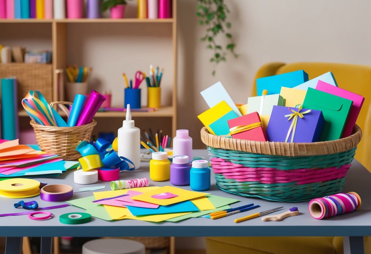 A cozy home workspace with a table covered in colorful craft supplies, including ribbons, papers, paints, and glue. A handmade gift basket sits nearby, filled with personalized presents