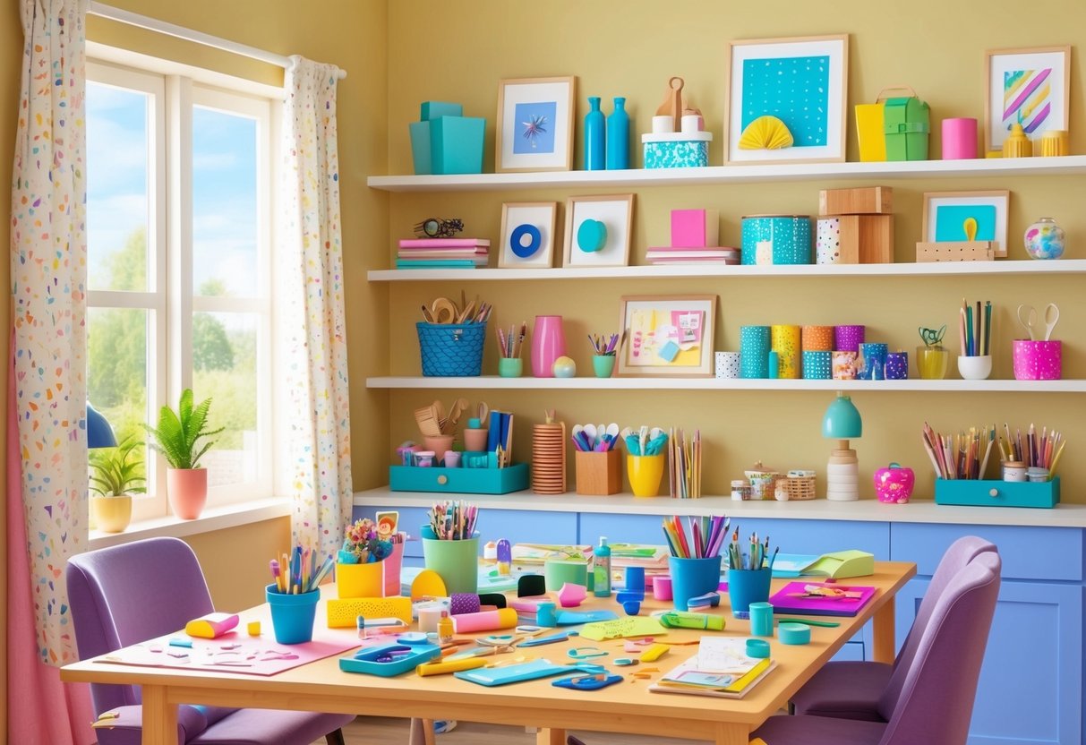 A cozy, well-lit room with a table covered in colorful craft supplies. Various finished DIY projects are displayed on shelves, showcasing the success of the home crafter