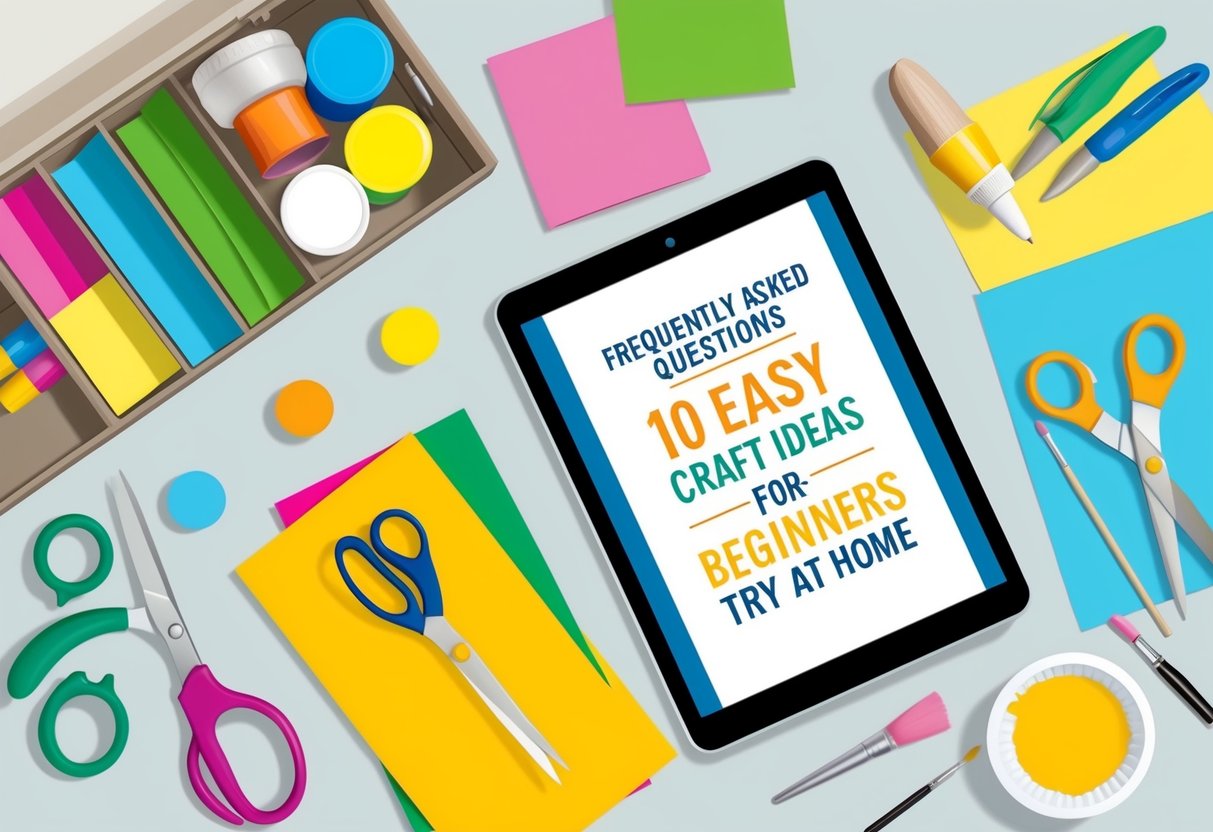 A table with colorful craft supplies, such as scissors, glue, paper, and paint, arranged neatly. A book or tablet displaying "Frequently Asked Questions 10 Easy DIY Craft Ideas for Beginners to Try at Home" is open nearby
