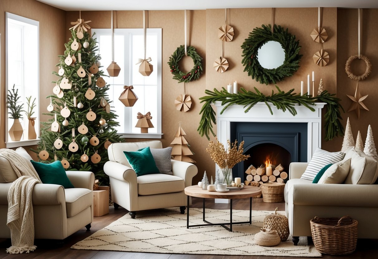 A cozy living room adorned with handmade cardboard ornaments, wreaths, and tree decorations, adding a rustic and festive touch to the holiday season