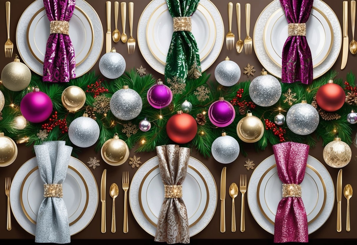 A festive holiday table adorned with fashion-inspired decor accents, including glittering ornaments, metallic ribbons, and luxe fabric swatches