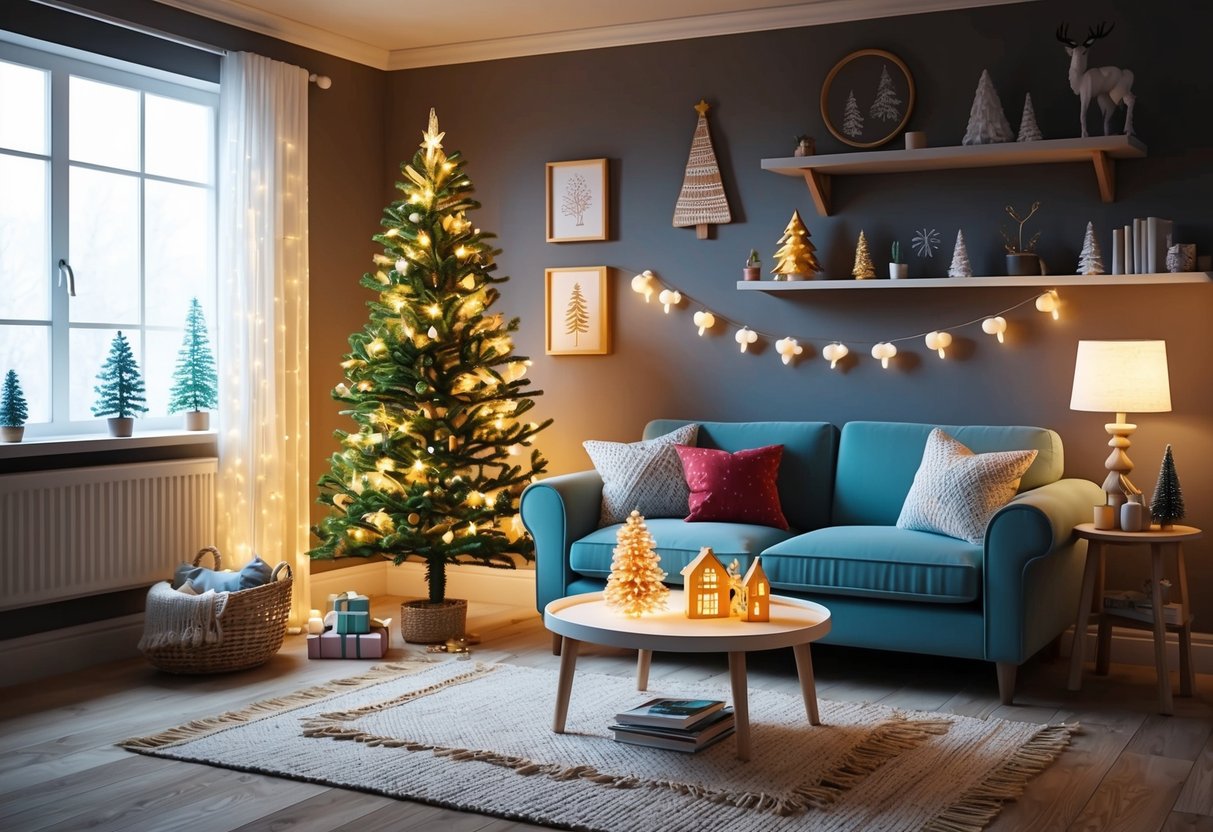 A cozy living room with twinkling lights, a miniature Christmas tree, and handmade decorations adorning the walls and shelves