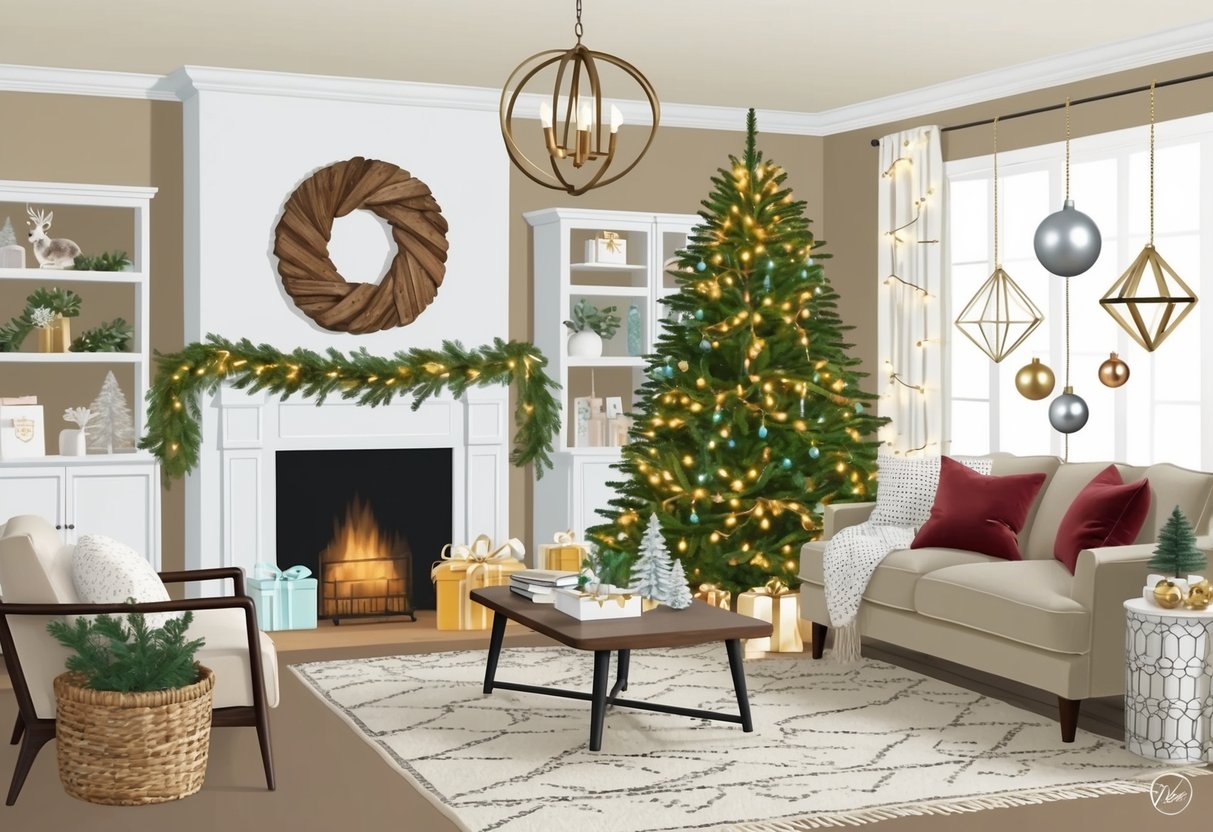 A cozy living room adorned with classic holiday decor like a rustic wreath, twinkling lights, and a traditional Christmas tree, alongside trendy DIY projects such as metallic ornaments and modern geometric garlands