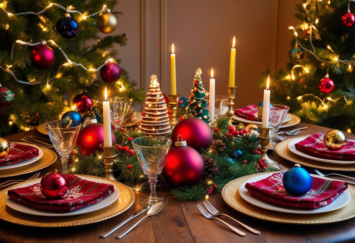 A festive table adorned with handmade decorations, twinkling lights, and colorful ornaments, creating a warm and inviting holiday atmosphere