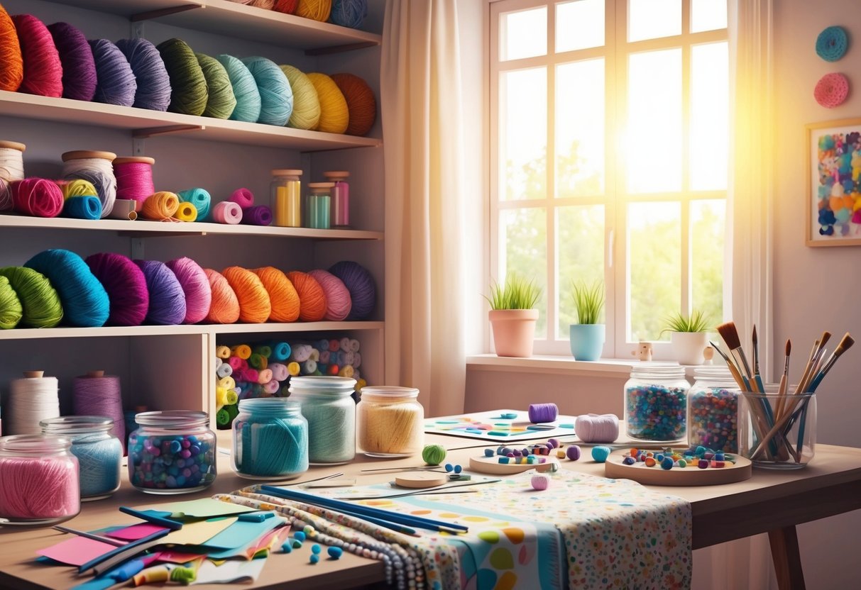 A cozy craft room with shelves of colorful yarn, jars of beads, and a table strewn with fabric swatches and paintbrushes. Sunlight streams in through a window, casting a warm glow over the creative space