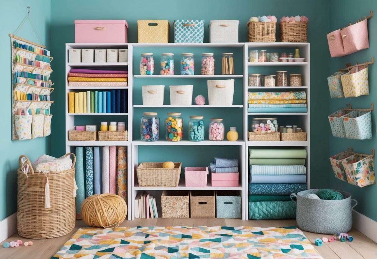 A cozy craft room with shelves of colorful fabric, jars of buttons, and baskets of yarn, surrounded by handmade storage solutions like hanging wall organizers and fabric bins
