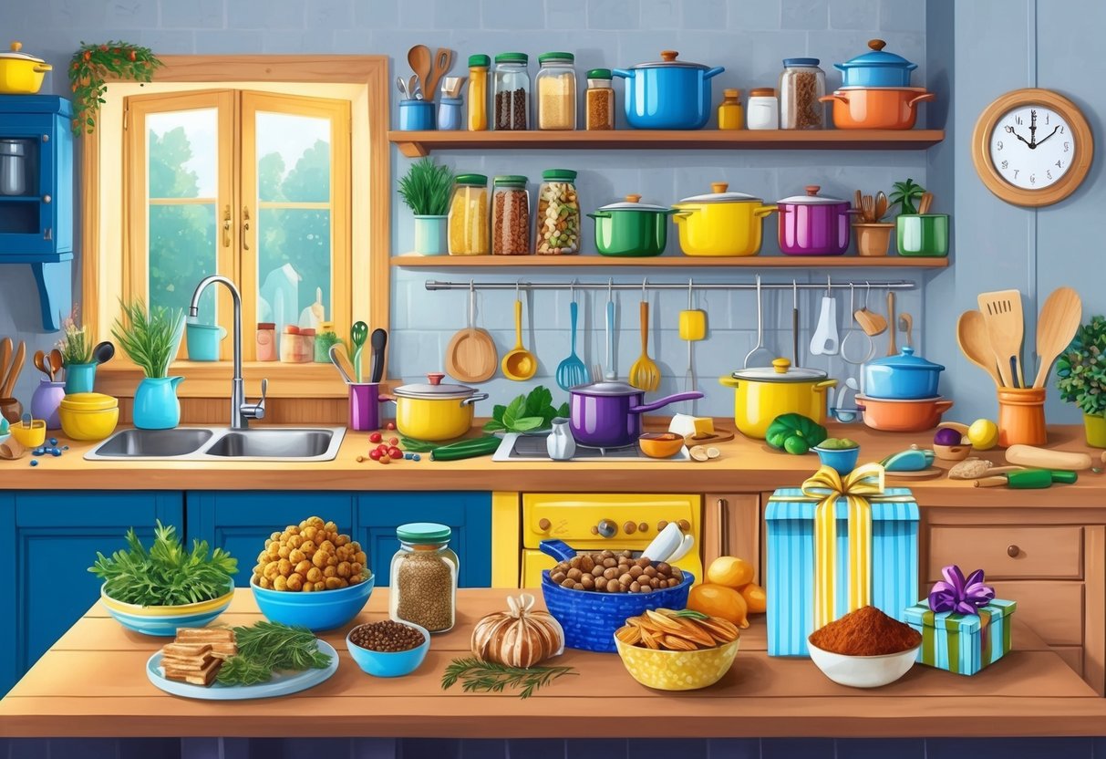 A cozy kitchen filled with colorful ingredients, jars of spices, and cooking utensils, with a table displaying beautifully wrapped handmade food gifts