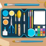 A table with various craft materials: scissors, glue, paintbrushes, markers, paper, and yarn neatly organized in a toolkit