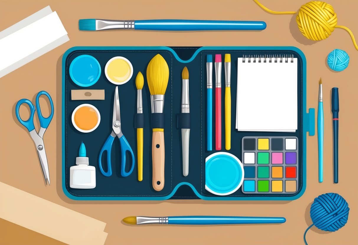 Feature image A table with various craft materials: scissors, glue, paintbrushes, markers, paper, and yarn neatly organized in a toolkit