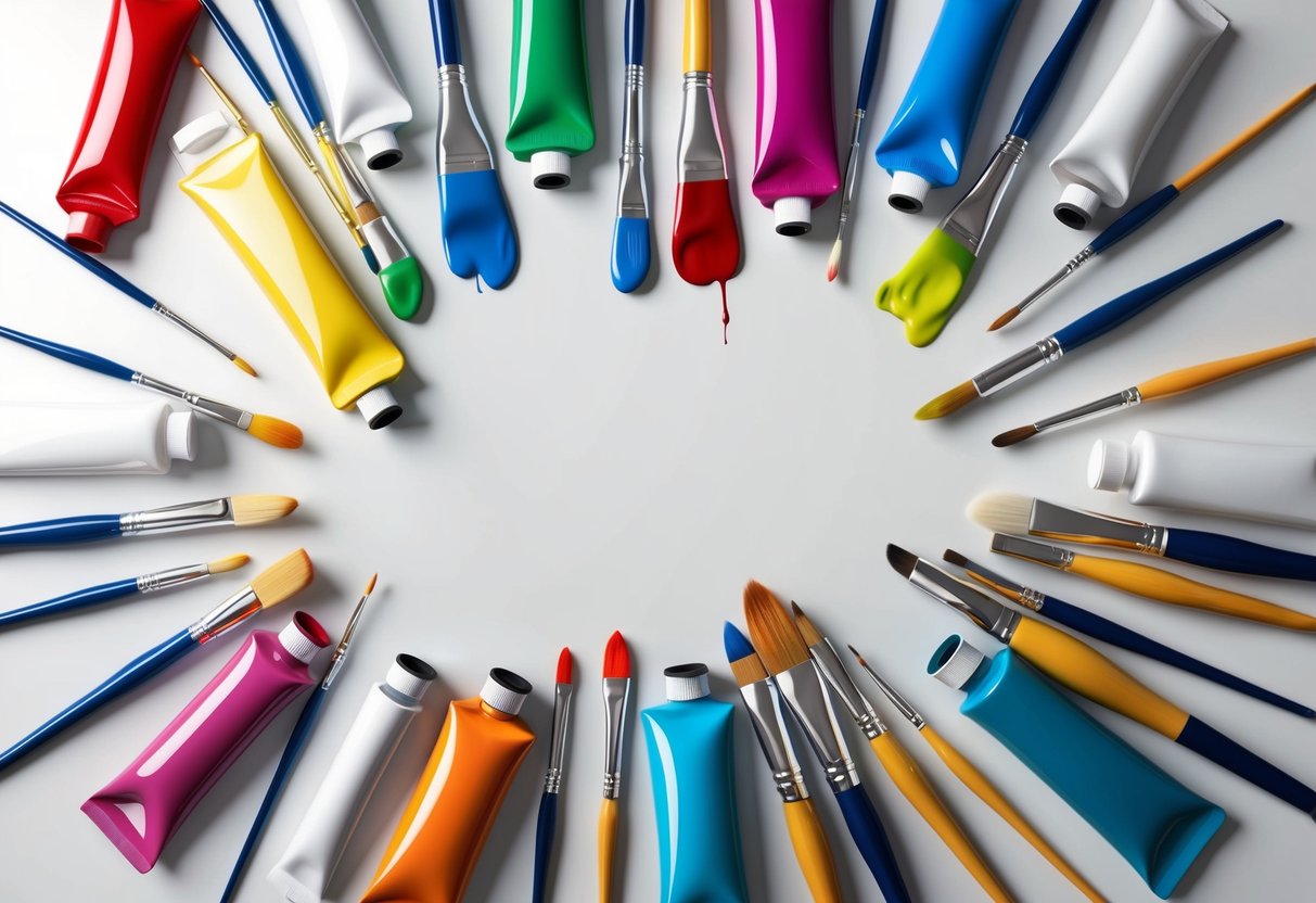 A colorful array of paint tubes and various brushes scattered on a clean, white table
