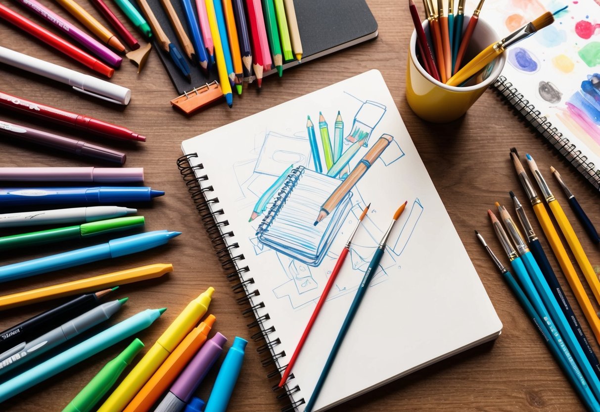 A table scattered with markers, colored pencils, and drawing materials, alongside a sketchbook and a cup of paintbrushes