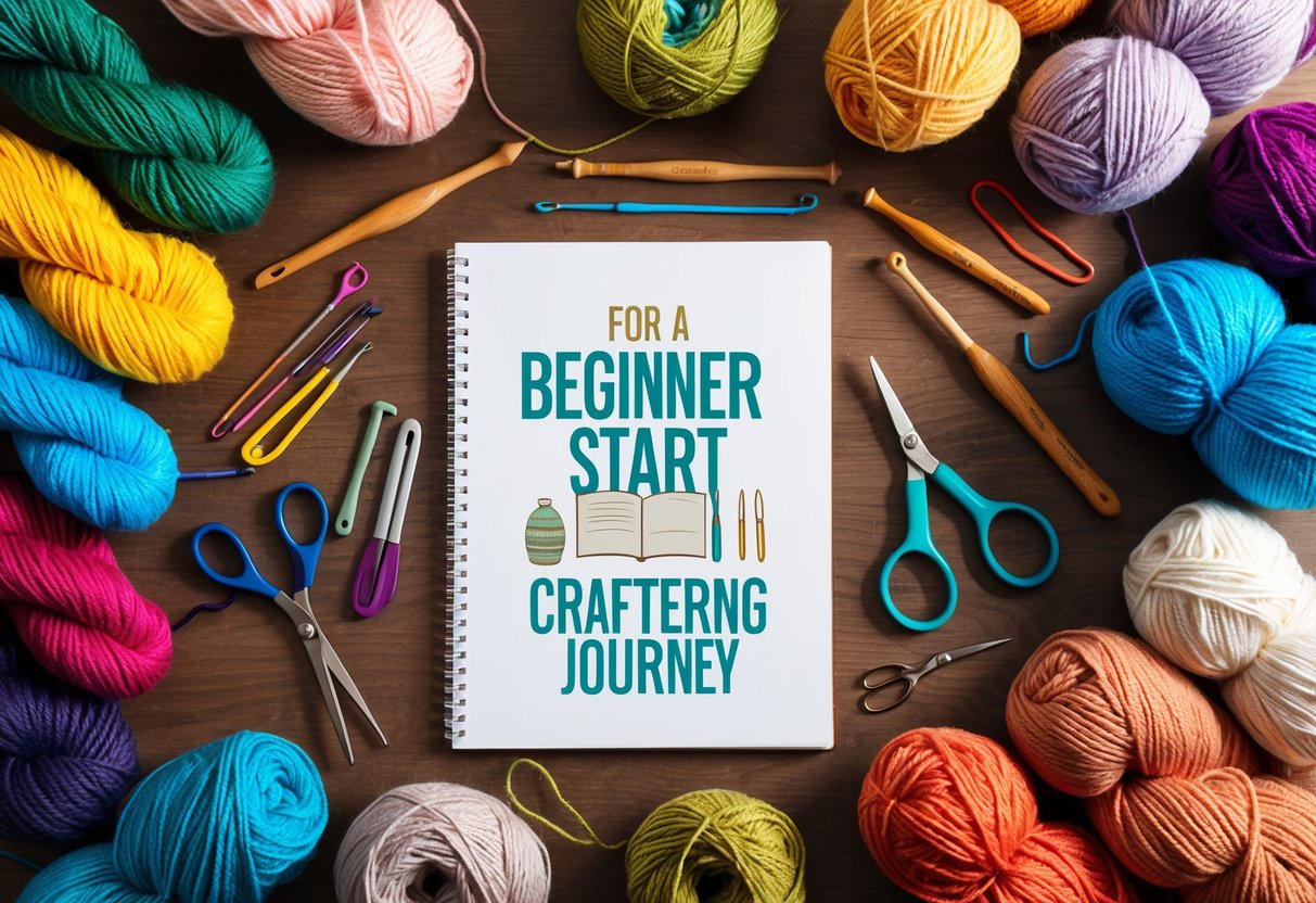 A table scattered with colorful yarn skeins, crochet hooks, scissors, and a pattern book, ready for a beginner to start their crafting journey