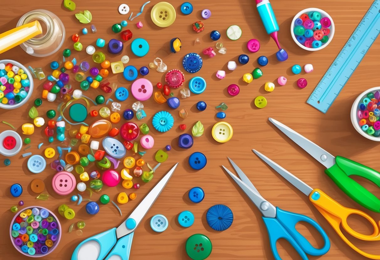A table scattered with colorful beads, buttons, and decorative elements, alongside scissors, glue, and a ruler
