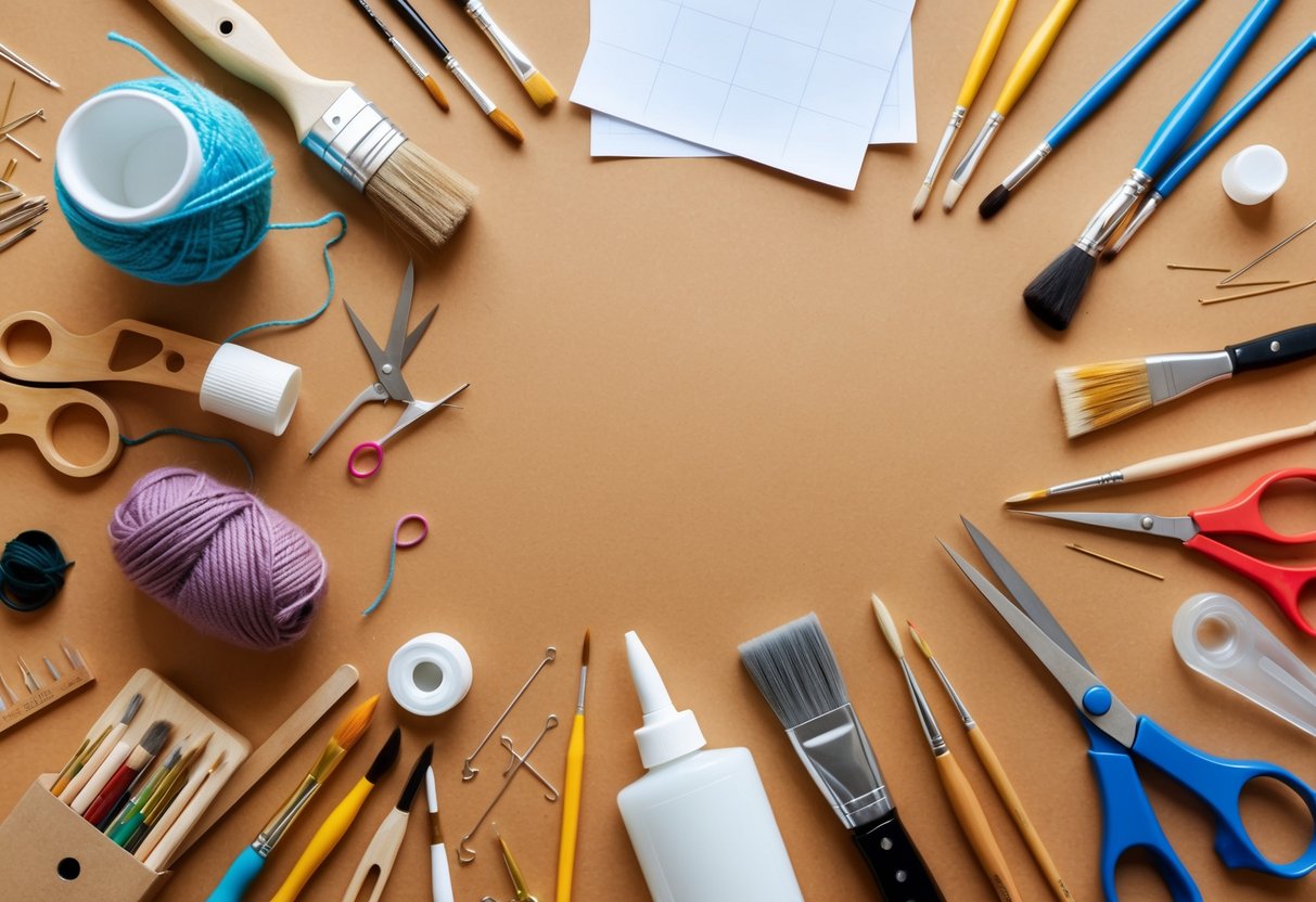 Various specialty tools and materials scattered on a work table, including paintbrushes, scissors, yarn, needles, and glue