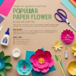 A table with various colored paper, scissors, glue, and a step-by-step guide to sculpting popular paper flower varieties for stunning home decorations