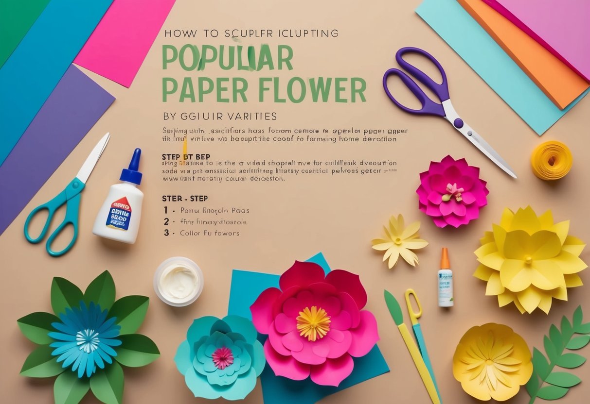 Feature image A table with various colored paper, scissors, glue, and a step-by-step guide to sculpting popular paper flower varieties for stunning home decorations