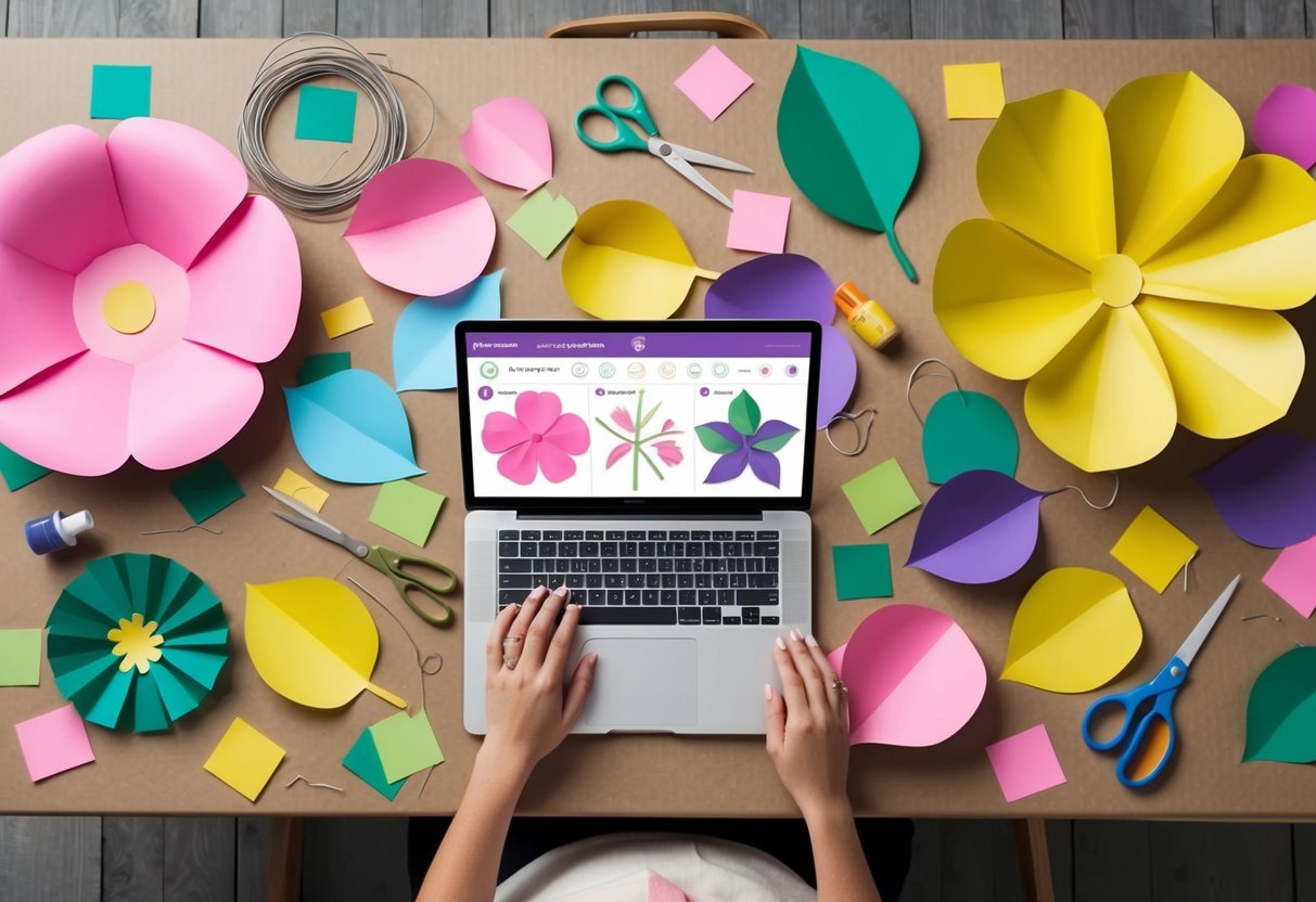A table covered in colorful paper, scissors, glue, and wire. Large and giant paper petals and leaves scattered around. A step-by-step tutorial displayed on a laptop