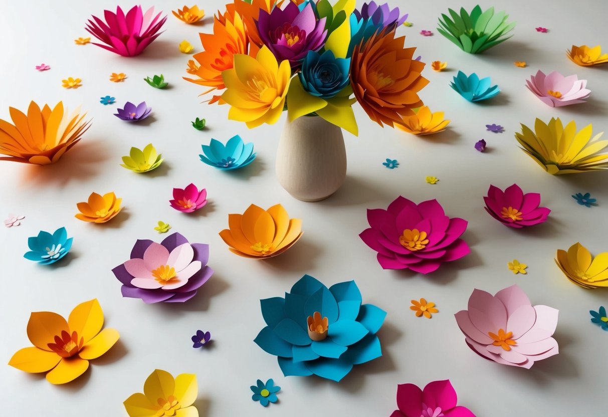 A table is covered with colorful handmade paper flowers of various sizes and shapes. Some are arranged in a vase, while others are scattered around as stunning home decorations