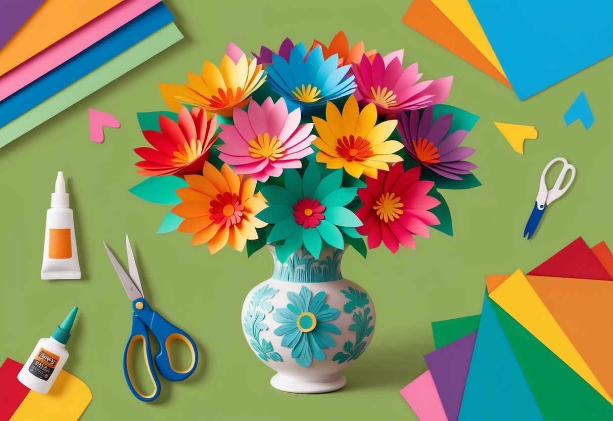 Vibrant paper flowers arranged in a decorative vase, surrounded by crafting materials like scissors, glue, and colorful paper