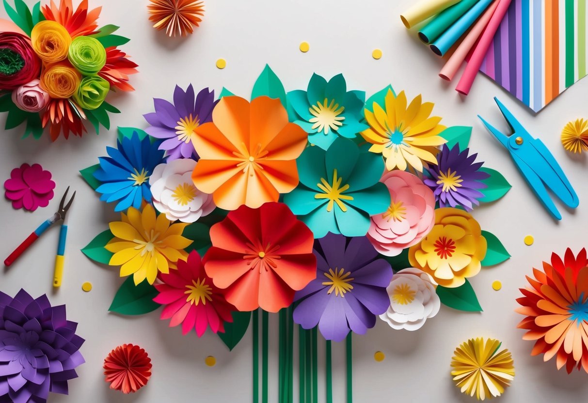 Vibrant paper flowers arranged in a step-by-step tutorial, surrounded by design tools and colorful inspiration from notable designers