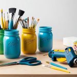 A table with various everyday items such as mason jars, paint brushes, and fabric scraps arranged neatly next to a pair of scissors and a glue gun