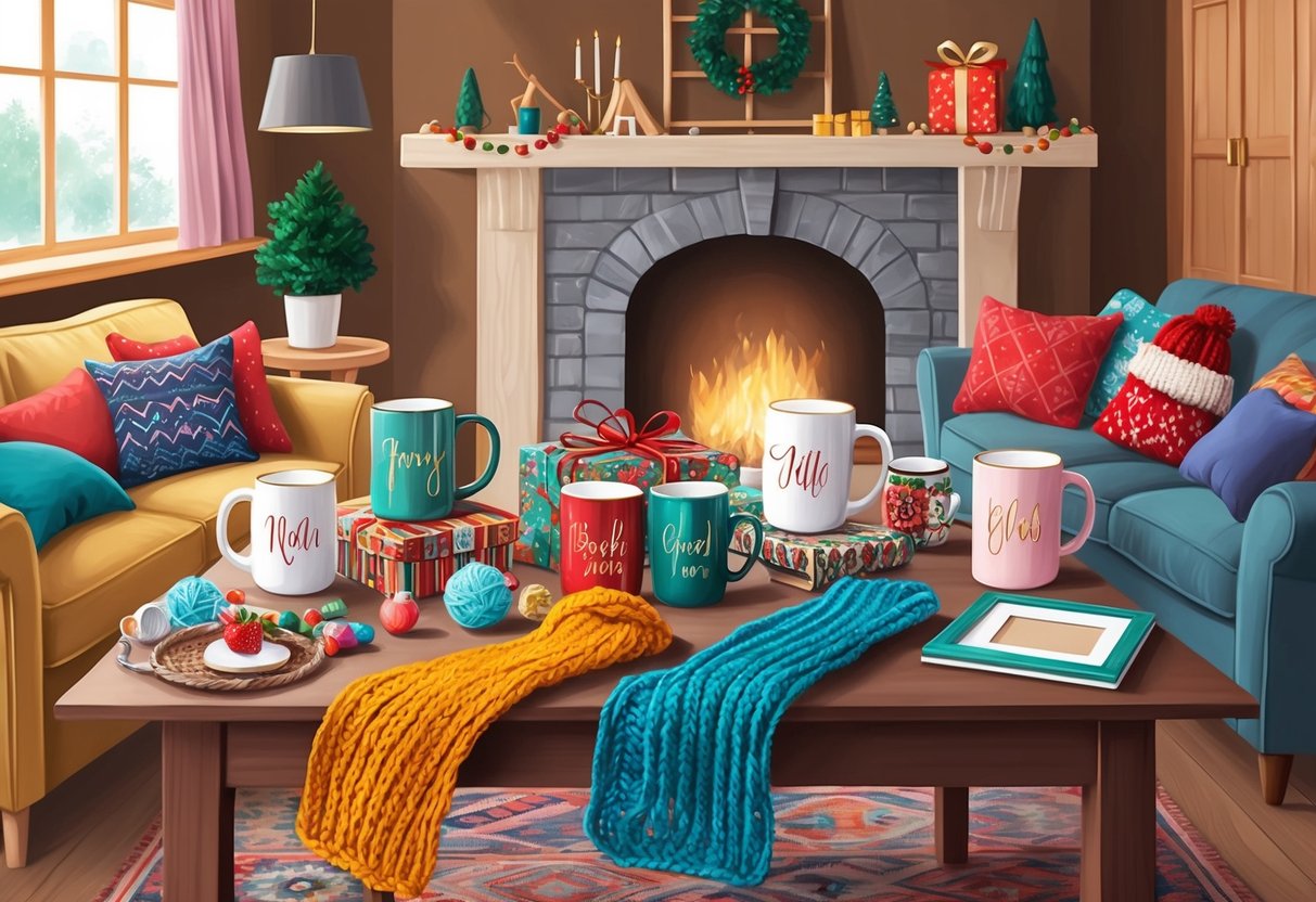 A cozy living room with a table filled with handmade gifts such as personalized mugs, knitted scarves, and painted picture frames