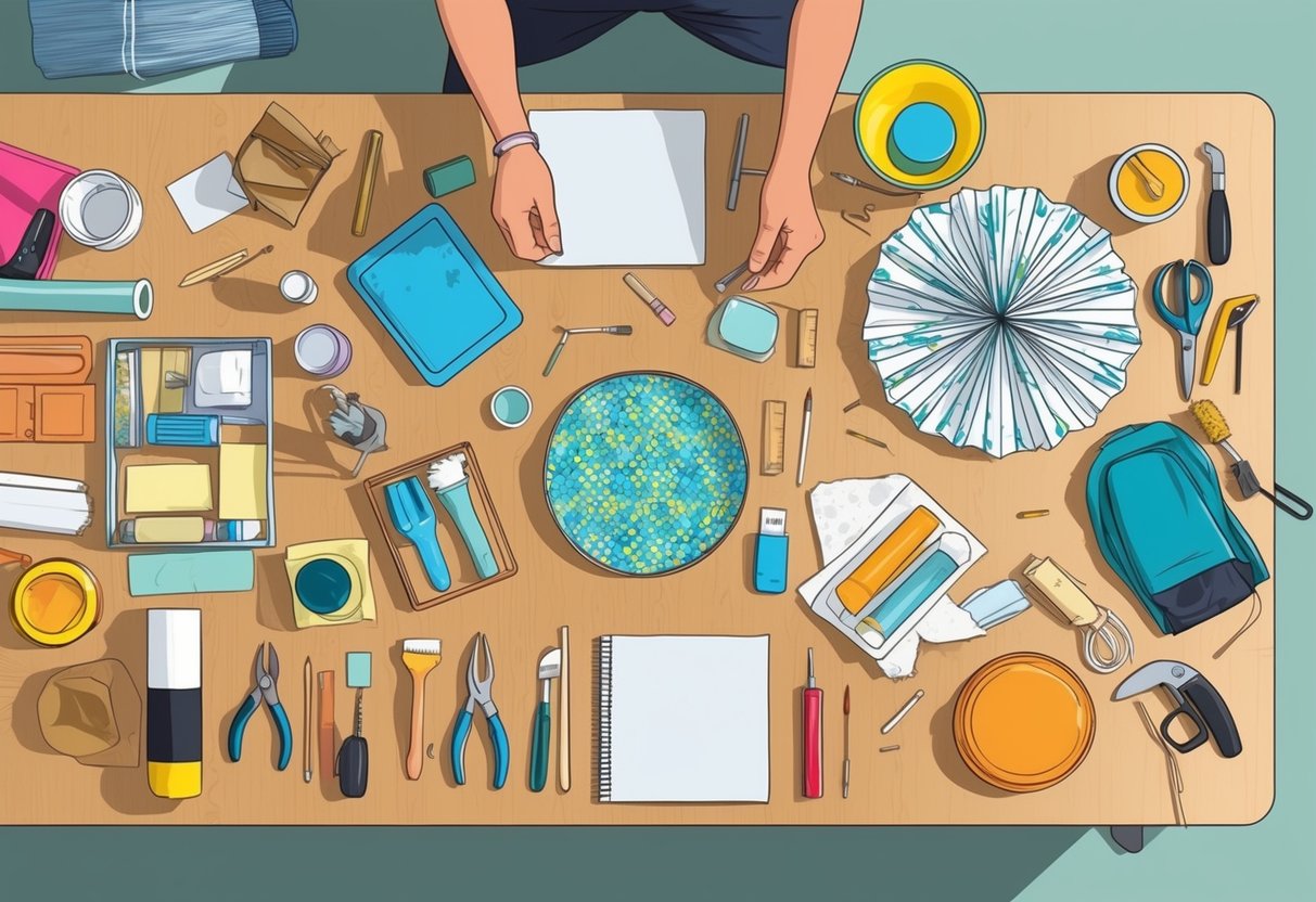 A cluttered table with various everyday items being transformed into trendy DIY crafts, accompanied by tools and materials