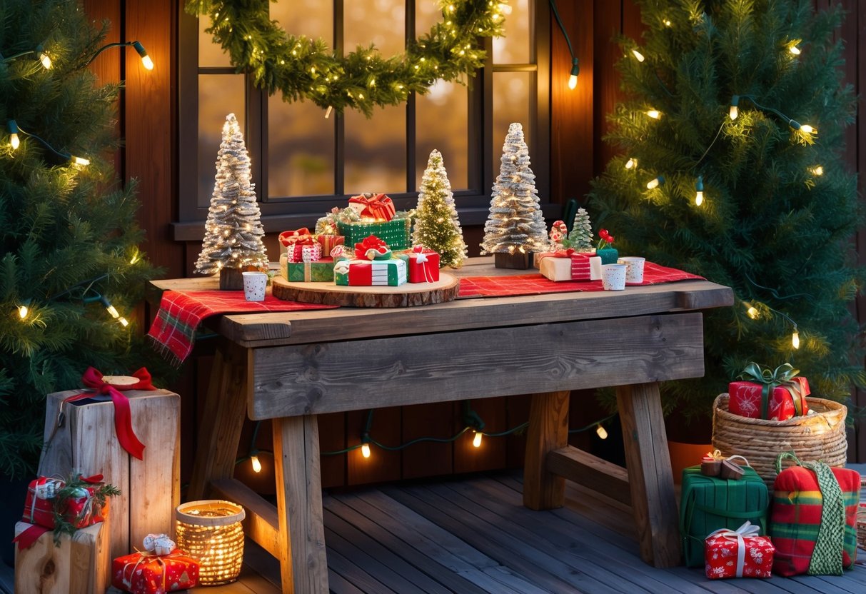 A cozy outdoor scene with a rustic wooden table adorned with handmade holiday crafts, surrounded by twinkling lights and festive greenery