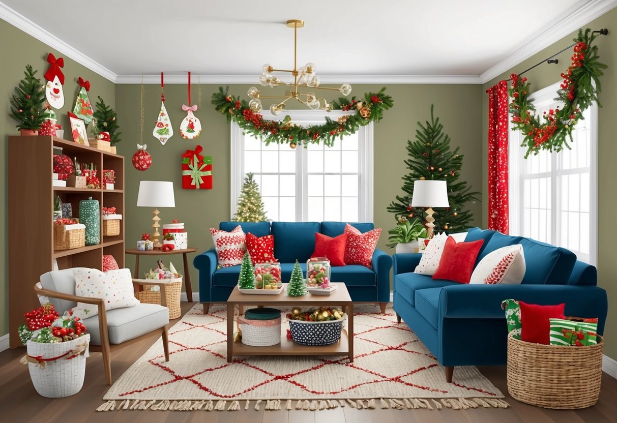 A cozy living room with festive DIY decorations, safe and private crafting area, and budget-friendly holiday crafts displayed throughout the space