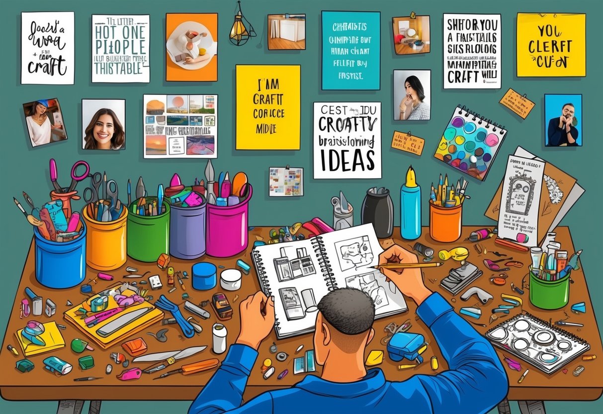 A cluttered craft table with colorful supplies and tools, surrounded by inspirational quotes and images. A person sits with a sketchbook, brainstorming ideas