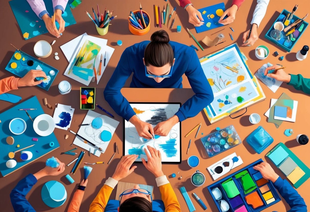 A person surrounded by various art supplies and materials, experimenting with different techniques and styles, while pushing beyond their comfort zone to unlock their creative potential