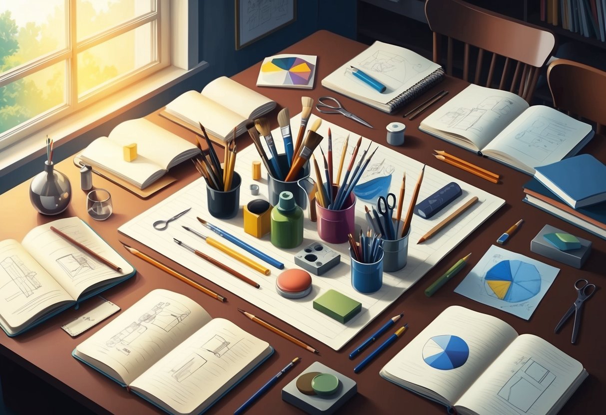 A group of diverse objects (e.g. paintbrushes, pencils, scissors, etc.) arranged on a table, surrounded by open notebooks and sketches. Light streaming in from a nearby window