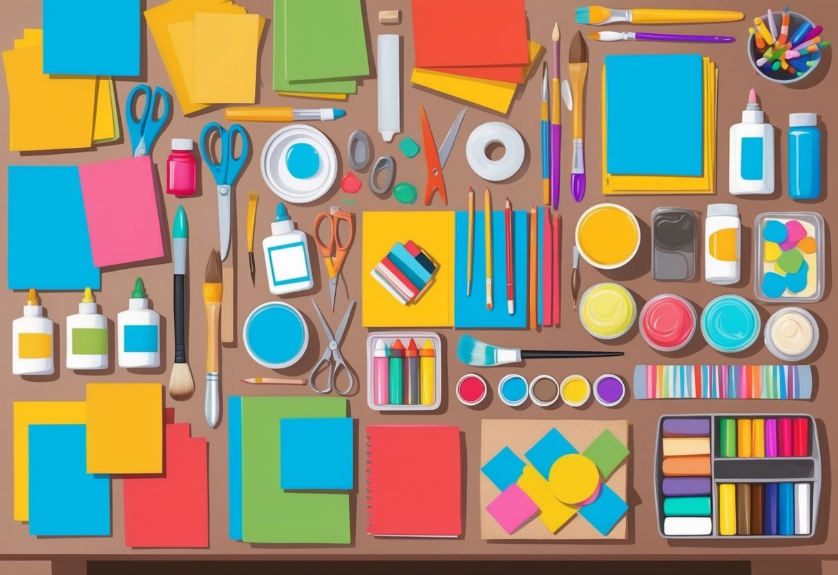 Feature image A table filled with colorful paper, scissors, glue, paint, brushes, markers, and other craft supplies neatly organized in containers