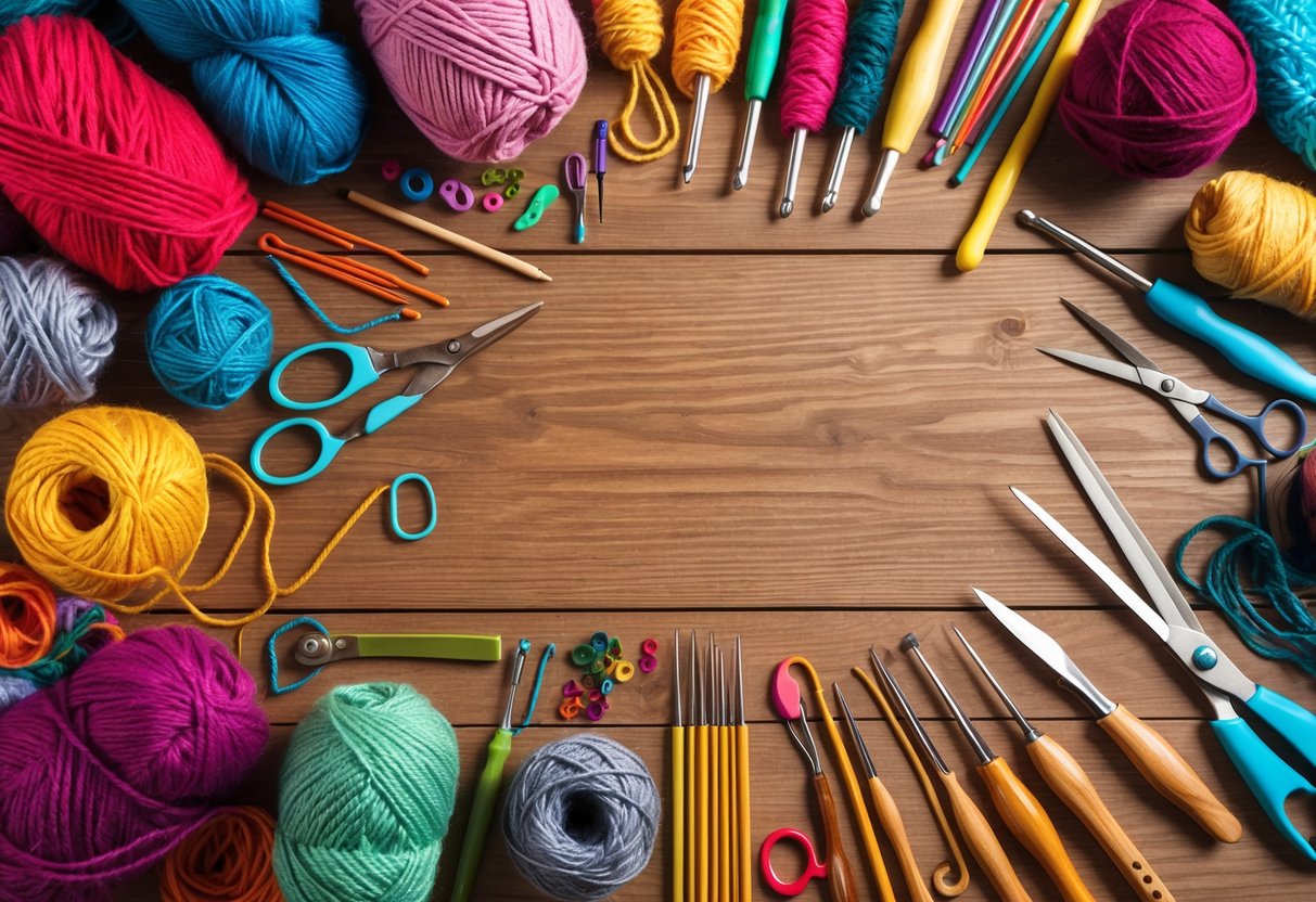 A table scattered with colorful yarn, crochet hooks, knitting needles, scissors, and various other crafting supplies