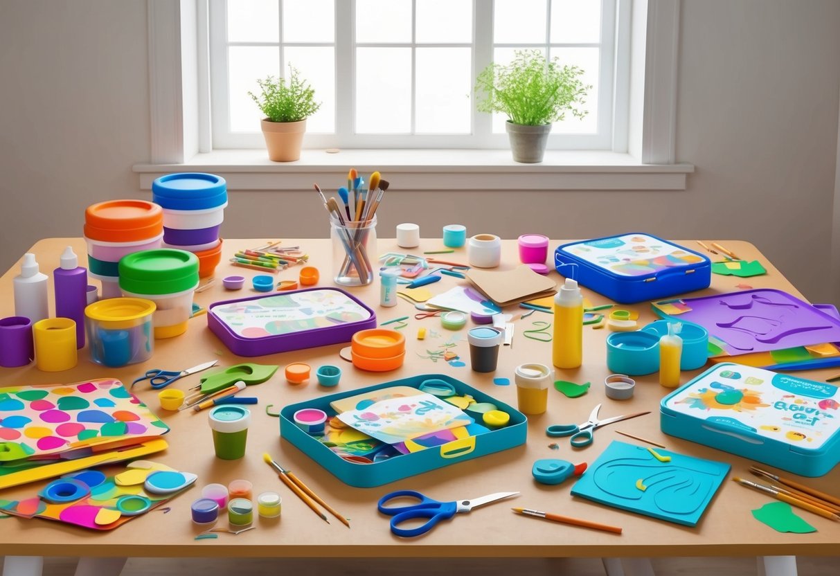 A table scattered with colorful craft kits, paints, brushes, scissors, glue, and various craft supplies, with a bright window casting natural light onto the scene