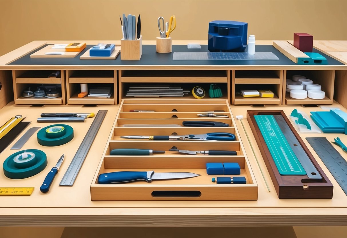 A workbench with organized drawers of specialty craft tools and supplies, including precision knives, rulers, and various types of adhesives