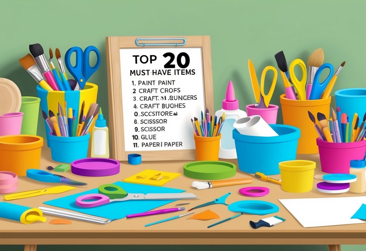 A table covered in colorful craft supplies, including paint, brushes, scissors, glue, and paper, with a sign listing the top 20 must-have items