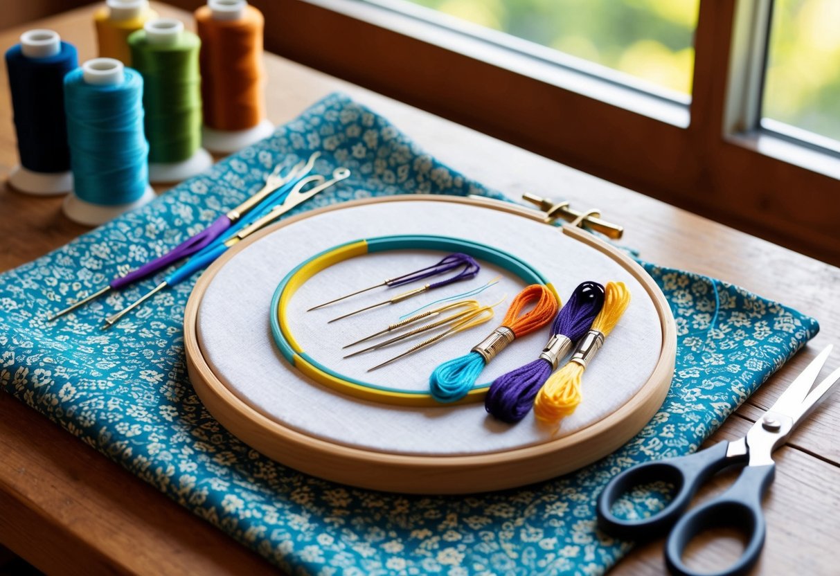 Feature image A colorful embroidery hoop with various threads and needles, a patterned fabric, and a pair of scissors on a wooden table with natural light streaming in from a nearby window