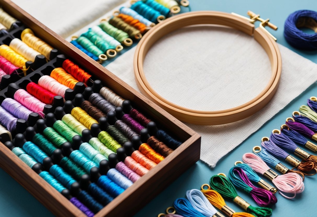 A colorful array of embroidery threads arranged neatly in a wooden organizer, with a hoop holding a delicate fabric canvas ready for stitching