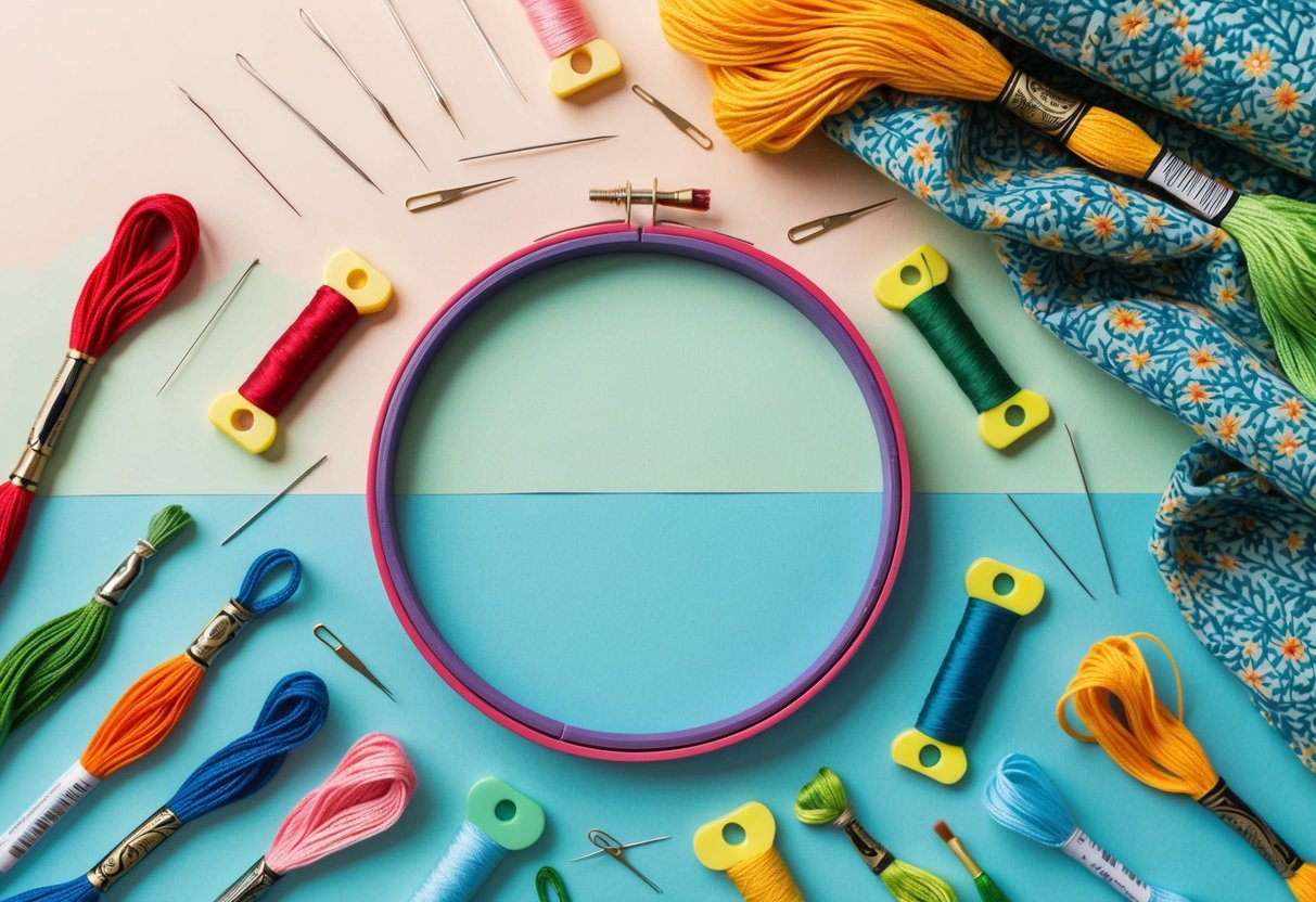 A colorful embroidery hoop surrounded by various threads, needles, and a patterned fabric, with a serene and organized workspace