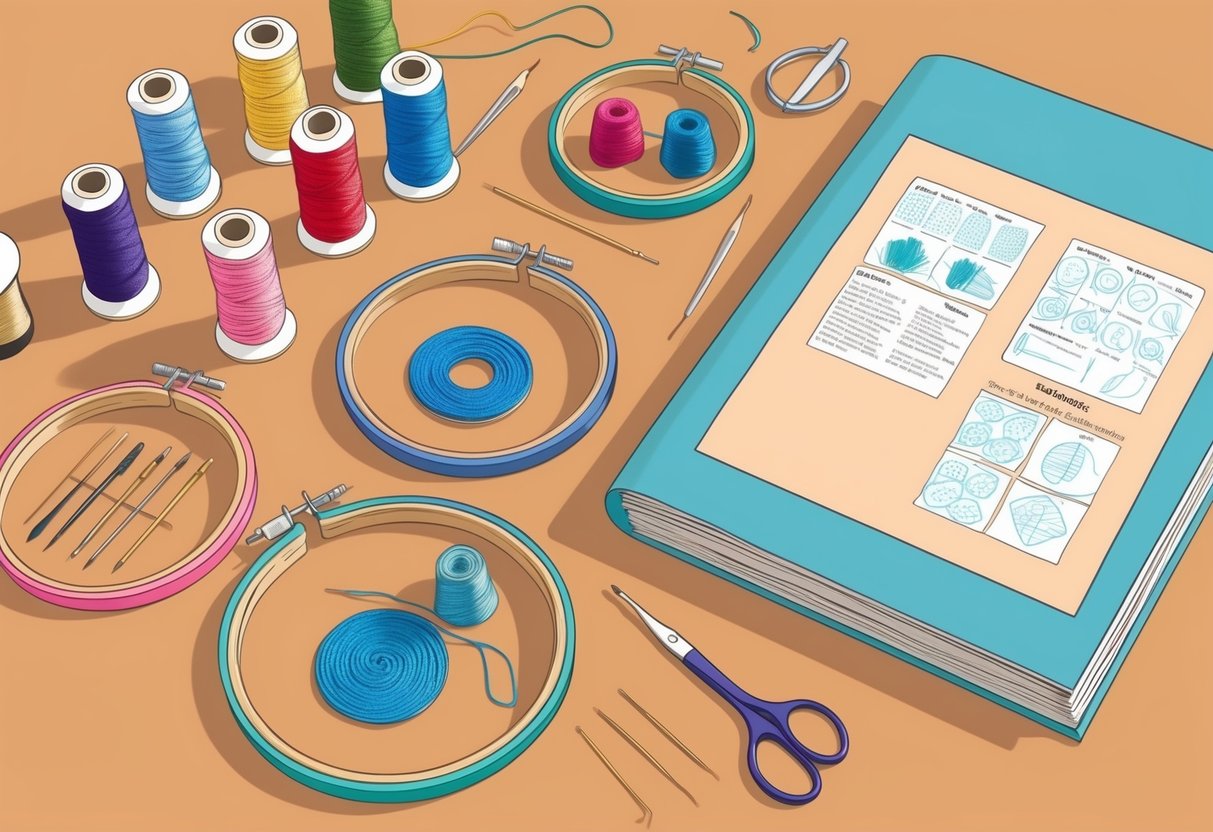A table with embroidery materials neatly organized: colorful threads, embroidery hoops, needles, and fabric. A step-by-step guide book lays open next to the supplies