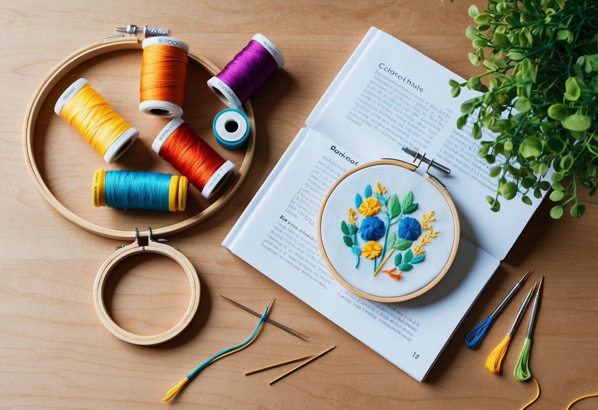 A table with colorful embroidery thread spools, needles, and a hoop with fabric. A beginner's guide book lies open next to a completed embroidery project