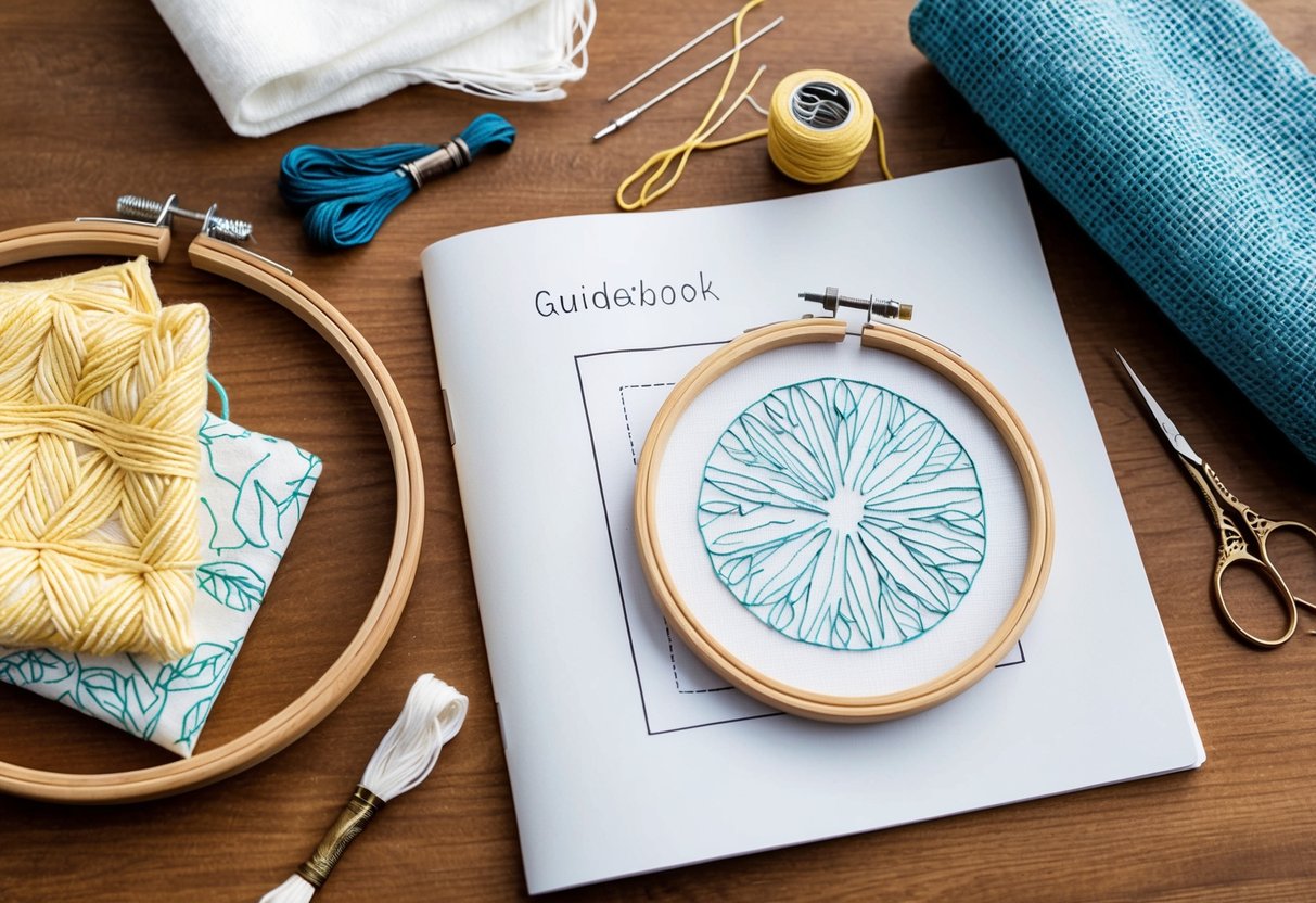 A table with embroidery supplies: hoop, fabric, needles, thread, and a guidebook. A hand-drawn pattern lies next to a completed embroidery piece