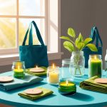 A table filled with handmade eco-friendly crafts: reusable cloth bags, upcycled glass jars, and plant-based candles. Sunlight streams in through a window, casting a warm glow on the items