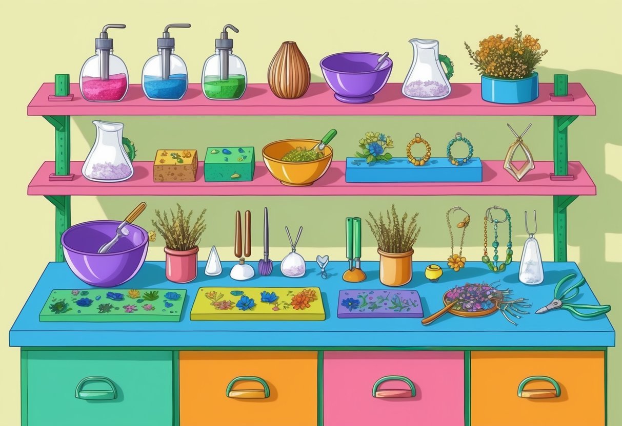 A colorful workbench with resin molds, mixing tools, and dried flowers. Shelves display finished jewelry and accessories made from eco-friendly materials