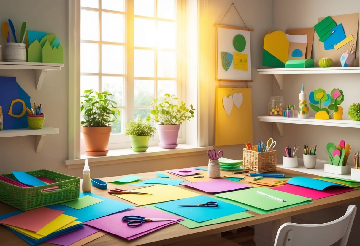 A cozy craft room with a desk covered in colorful paper, scissors, glue, and finished eco-friendly crafts displayed on shelves. Sunlight streams in through a window, highlighting the creative space