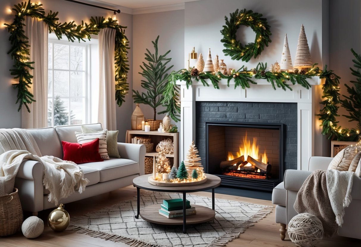 A cozy living room with a crackling fireplace, adorned with handmade Christmas ornaments and twinkling lights, surrounded by festive greenery and cozy blankets
