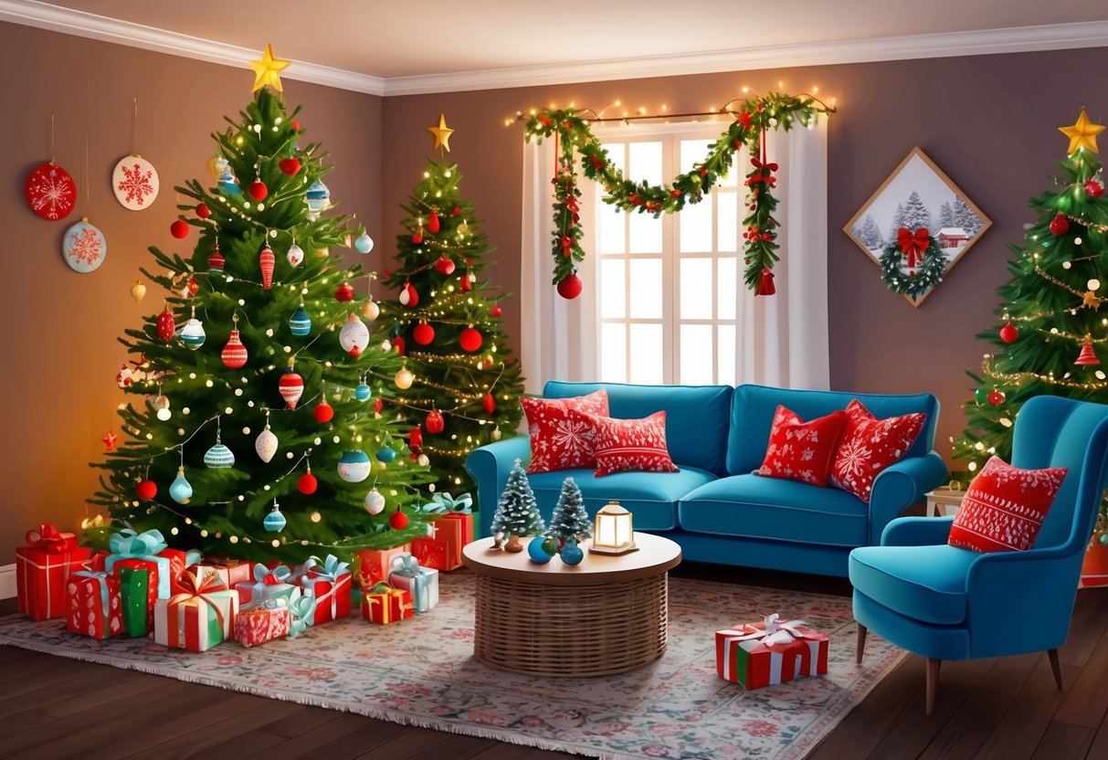 A cozy living room with a Christmas tree adorned with handmade ornaments, surrounded by festive decorations and twinkling lights